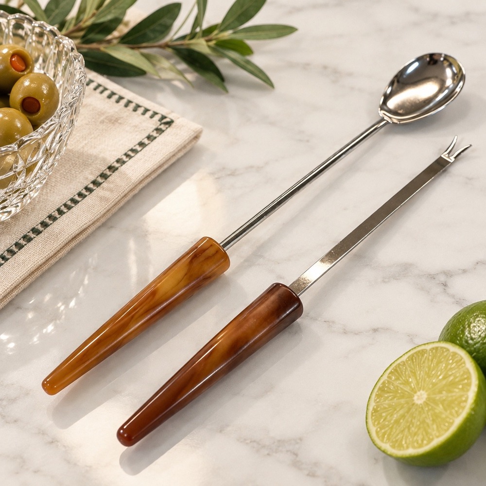 Vintage Butterscotch Bakelite Handle Barware Cocktail Spoon Olive Fork MCM 10"
